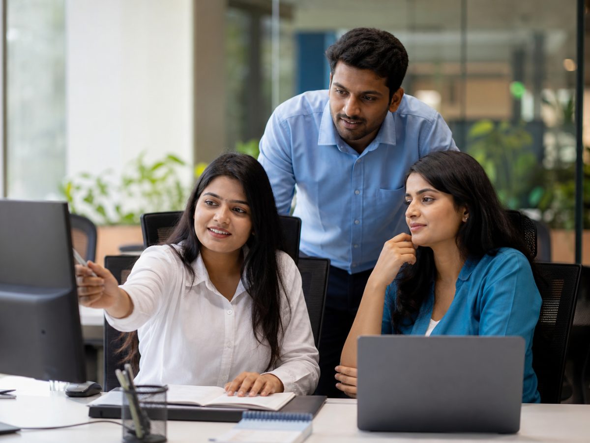 A sales team reviewing their pipeline together in the office
